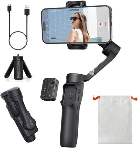 Hohem iSteady X3 SE مثبت انحراف للهاتف الذكي iPhone 16 15 Pro Max & Android مع جهاز تحكم عن بعد قابل للفصل، تصميم محمول قابل للطي لمدونات الفيديو أثناء السفر (أسود) in Kuwait