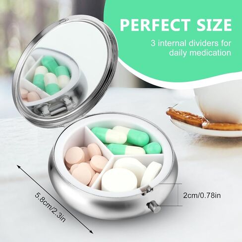 Pill Box, 3 Compartment Pill Case with Mirror, Retro Small Pill Case for Pocket or Purse Pill Box Decorative Metal Medicine Vitamin Organizer Unique Gift(Blank) in Saudi Arabia