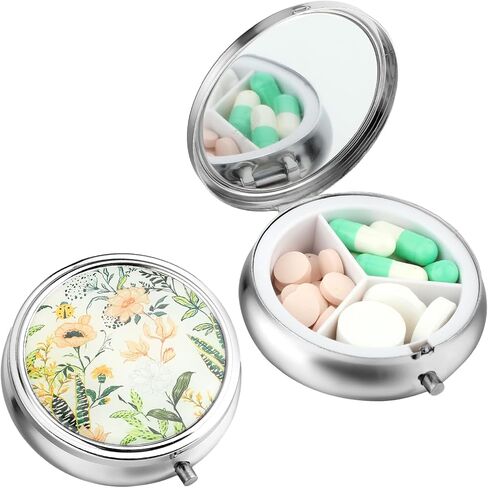 Pill Box, 3 Compartment Pill Case with Mirror, Retro Small Pill Case for Pocket or Purse Pill Box Decorative Metal Medicine Vitamin Organizer Unique Gift(Blank) in Saudi Arabia