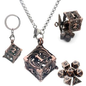 Haxtec Mini Metal DND Dice Set with Hollow Necklace Dice Case Antique Tiny Metal Dice Set D&D Keychain Portable 7PCS Dice Set