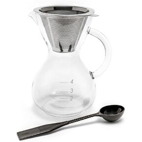 Yama Glass Yama Coffee Glass 30oz Pour Over Drip Pot With Reusable Stainless Steel Filter Cone, Glass Handle, Hand Blown in Taiwan