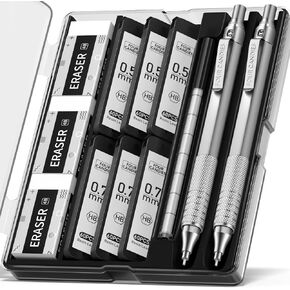 Four Candies 4PCS Metal Mechanical Pencils Set with Case, 0.5mm & 0.7 mm Artist Pencil with 8 Tubes (480PCS) HB Lead Refills, 3 Erasers,9 Eraser Refills For Writing Drafting, Drawing, Black & Sliver