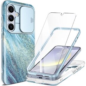 GVIEWIN for Samsung Galaxy S24 Case with Slide Camera Cover + Screen Protector, [Military Grade Drop Tested][Full-Body Protection]Marble Design Shockproof Protective Phone Case 6.2" (Quicksand/Purple)