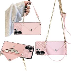 Crossbody Chain Phone Case Compatible with BLU View5 B160V, Tracfone BLU View 5 Back Wallet PU Leather Case with Gold Shoulder Strap Detachable Lanyard Card Slots Holder Purse for View 5 -Pink