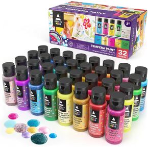Arteza Tempera Washable Paint for Kids, Set of 32, 2.03oz/60ml Bottles, Poster Paint for Painting, Craft Projects, Sponge Painting & Finger Painting, Includes Neon, Glitter & Glow-in-The-Dark