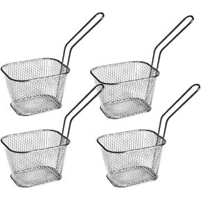 French Fries Serving Baskets Mini French Fries Baskets with Handle 4 Piece Chef Fries Basket Set Stainless Steel French Fries Cooking Tapas Food Display Basket for Catering Restaurants Pubs