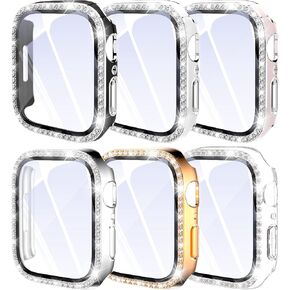 Hard PC Case Compatible for Apple Watch Series 9/8/7 41mm, Bling Rhinestone Plating Watch Cover with Tempered Glass Screen Protector Full Around Bumper Frame for iWatch Series 9/8/7, 6 Pcs
