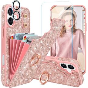 for iPhone 16 Plus Case Wallet,with [Screen Protector+Camera Lens Protector] Glitter Cute 5 Credit Card Holder&360°Rotation Ring Stand Shockproof Cover for iPhone 16 Plus,Rose Gold,6.7",2024