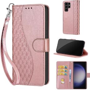 Designed for Samsung Galaxy S24 Ultra 5G Case Wallet,Women Flip Folio Cover with Embossed PU Leather Credit Card Holders Slots Wrist Strap Phone Case for Samsung S24 Ultra 5G(Blue Butterfly) A