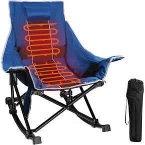 Slendor Oversized Rocking Camping Chair, XL Heated Camping Chair w/ 3 Levels Heat for Back+Seat, Padded Rocking Heated Chair, Portable Lawn Recliner with Pillow, Side Pocket, Carry Bag, Grey+Black