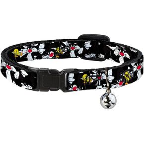 Buckle-Down Cat Collar Breakaway Sylvester and Tweety Poses Scattered Charcoal 8 to 12 Inches 0.5 Inch Wide