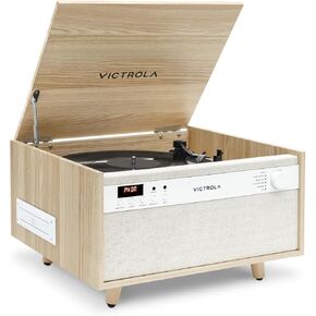 Victrola Century 6-in-1 Vinyl Record Player & Music Center - 3-Speed Turntable, CD & Cassette Player, VINYLSTREAM, Bluetooth & 3.5mm Aux, Record Player with Speakers, Mid Century Design, Natural
