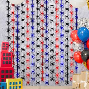 Spider Web Birthday Decorations,2 Pack Red Black and Blue Spider Birthday Party Supplies 3.3 x 6.6ft Tinsel Foil Fringe Curtains Photo Booth Props Backdrop Streamers, House Room Decor for Boys