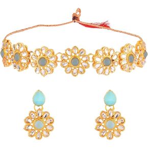 Efulgenz Indian Jewelry Sets for Women Bollywood Jewelry Indian Jewelry Choker Kundan Crystal Floral Necklace Earrings Bollywood Wedding Bridal Set in Kuwait