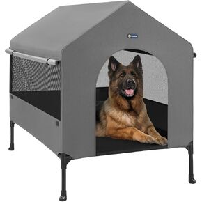 Veehoo Dog House, 2-in-1 Large Elevated Cot Dog Bed Dog House Outdoor Indoor Weatherproof, Cozy Outside Dog Shade Dog Tent, Three-Sided Breathable Mesh Windows and Sunshades, CWC2435CP