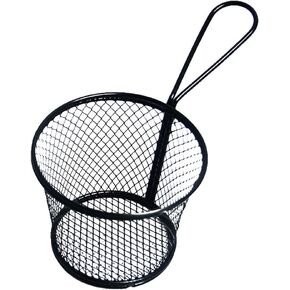 1 Pack Mini Round Fry Basket with Handle French Fries Chip Net Strainer Snack Appetizer Holder for Home Kitchen Party Buffet Restaurant Cafe BBQ, Black