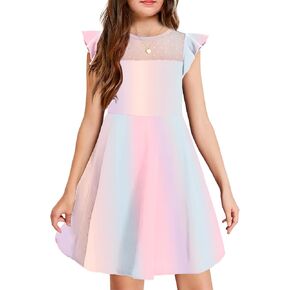 Arshiner Girls Dress Summer Ruffle Sleeve Mesh A Line Casual Party Dresses with Pockets 6-13 Years