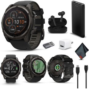 Garmin Fenix 8 51MM Solar Sapphire Multisport GPS Smartwatch Carbon Gray DLC Titanium with Black Gray Silicone Band, Built-in LED Flashlight, Fitness & Health Smart Watch Bundle for Men & Women