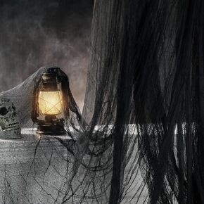 RunNico 600" x 85" Halloween Creepy Cloth - Black Halloween Spooky Fabric Cloth - Large Creepy Spooky Halloween Decorations for Haunted House Window Backdrops Garden Halloween Party Yard Wall Doorway