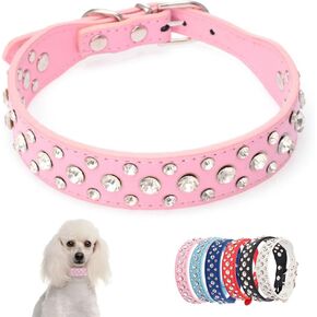 Pink Small Dog Collar For Female Dogs, Bling Puppy Collar Faux Leather Fancy Diamond Crystal Glitter Pretty Jewel Rhinestone Cat Collars For XXS XS Small Medium Large Pet Girl Dogs, Width 1-inch Small