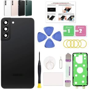 GREEN FUSION Compatible with Galaxy S22 Back Cover Replacement, S22 Back Glass Door with Pre-Installed Camera Lens, Repair Tools & Instruction, Phantom Black