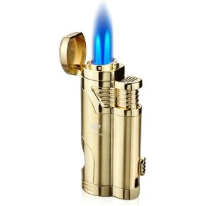 Cigar Torch Lighter with Punch Butane Refillable Lighters 2 Jet Flame Torch Strong Windproof Without Gas (Gold)