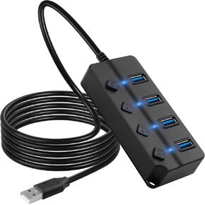 CERRXIAN USB Hub, 4Port USB Hub Splitter with Individual On/Off LED Switches 6.6ft/2m Long Cable, Multi Port Expander, Fast Data Transfer USB Splitter for Laptop, PC,Mobile HDD