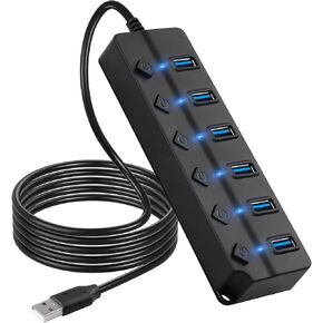 CERRXIAN USB Hub, 4Port USB Hub Splitter with Individual On/Off LED Switches 6.6ft/2m Long Cable, Multi Port Expander, Fast Data Transfer USB Splitter for Laptop, PC,Mobile HDD