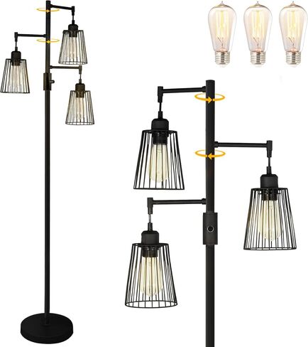مصباح أرضي صناعي، 3 × 1200 لومن مصابيح إديسون LED متضمنة، مصباح أرضي ساطع 3 مصابيح خافتة للضوء، مصباح قائم طويل للمزرعة لغرفة المعيشة، غرفة نوم مكتب ديكور منزلي ريفي (أسود غير لامع) in Kuwait