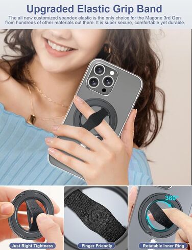 EWA MagOne الجيل الثالث [متوافق مع MagSafe] حامل بمقبض هاتف مع حزام إصبع، حلقة حامل حلقية مغناطيسية قابلة للإزالة، فقط لهاتف iPhone 16,15, 14, 13 Pro/Max-(أسود-أبيض) in Kuwait