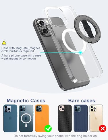 EWA MagOne الجيل الثالث [متوافق مع MagSafe] حامل بمقبض هاتف مع حزام إصبع، حلقة حامل حلقية مغناطيسية قابلة للإزالة، فقط لهاتف iPhone 16,15, 14, 13 Pro/Max-(أسود-أبيض) in Kuwait