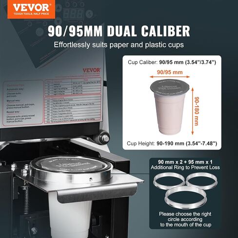 VEVOR Cup Sealing Machine, Fully Automatic Cup Sealer Machine, Sealer Machine 500-650 Cups/H for 190 mm Tall & 90/95 mm Cup with Digital Control LCD Panel for Bubble Milk Tea Coffee, Black in Saudi Arabia
