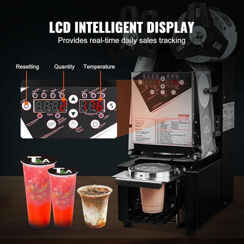 VEVOR Cup Sealing Machine, Fully Automatic Cup Sealer Machine, Sealer Machine 500-650 Cups/H for 190 mm Tall & 90/95 mm Cup with Digital Control LCD Panel for Bubble Milk Tea Coffee, Black in Saudi Arabia