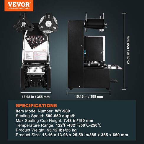 VEVOR Cup Sealing Machine, Fully Automatic Cup Sealer Machine, Sealer Machine 500-650 Cups/H for 190 mm Tall & 90/95 mm Cup with Digital Control LCD Panel for Bubble Milk Tea Coffee, Black in Saudi Arabia