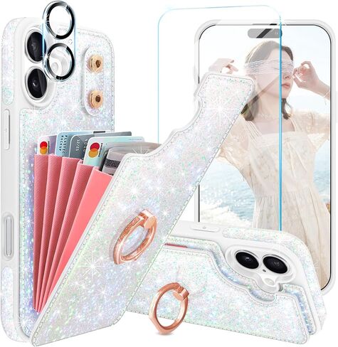 for iPhone 16 Plus Case Wallet,with [Screen Protector+Camera Lens Protector] Glitter Cute 5 Credit Card Holder&360°Rotation Ring Stand Shockproof Cover for iPhone 16 Plus,Rose Gold,6.7",2024 in Saudi Arabia