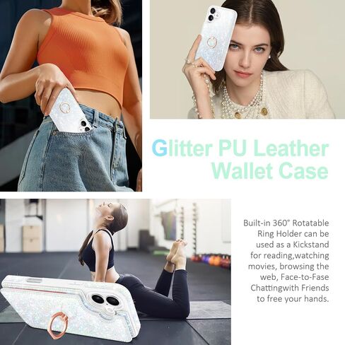 for iPhone 16 Plus Case Wallet,with [Screen Protector+Camera Lens Protector] Glitter Cute 5 Credit Card Holder&360°Rotation Ring Stand Shockproof Cover for iPhone 16 Plus,Rose Gold,6.7",2024 in Saudi Arabia