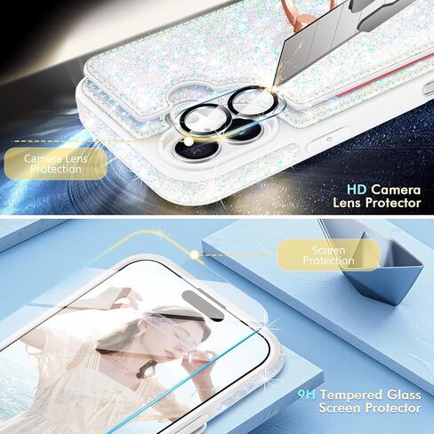for iPhone 16 Plus Case Wallet,with [Screen Protector+Camera Lens Protector] Glitter Cute 5 Credit Card Holder&360°Rotation Ring Stand Shockproof Cover for iPhone 16 Plus,Rose Gold,6.7",2024 in Saudi Arabia