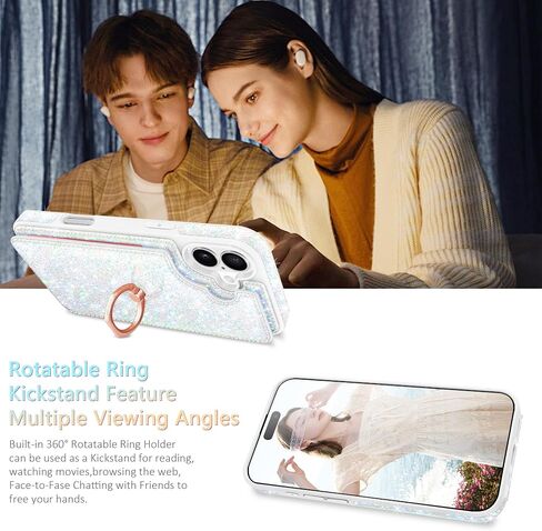 for iPhone 16 Plus Case Wallet,with [Screen Protector+Camera Lens Protector] Glitter Cute 5 Credit Card Holder&360°Rotation Ring Stand Shockproof Cover for iPhone 16 Plus,Rose Gold,6.7",2024 in Saudi Arabia