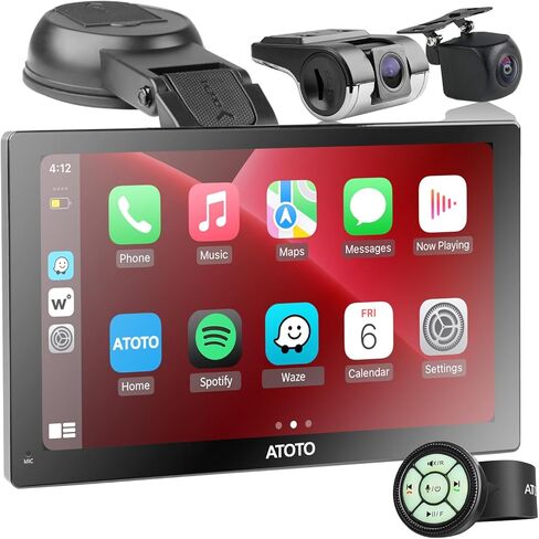ATOTO P5 9 بوصة QLED ستيريو سيارة محمول، CarPlay لاسلكي وشاشة تلقائية Android مع كاميرا احتياطية 1080P وكاميرا داش، قمع الوهج، جهاز التحكم عن بعد، بلوتوث، AUX/FM، شاشة Carplay للسيارة in Kuwait