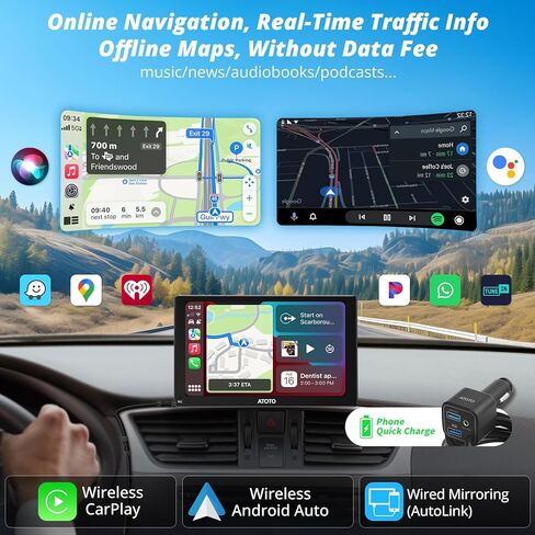 ATOTO P5 9 بوصة QLED ستيريو سيارة محمول، CarPlay لاسلكي وشاشة تلقائية Android مع كاميرا احتياطية 1080P وكاميرا داش، قمع الوهج، جهاز التحكم عن بعد، بلوتوث، AUX/FM، شاشة Carplay للسيارة in Kuwait