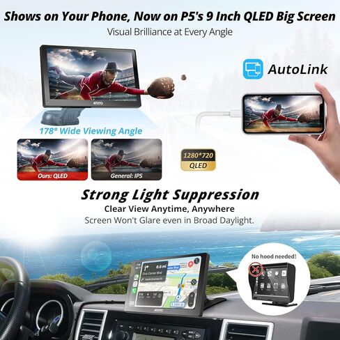 ATOTO P5 9 بوصة QLED ستيريو سيارة محمول، CarPlay لاسلكي وشاشة تلقائية Android مع كاميرا احتياطية 1080P وكاميرا داش، قمع الوهج، جهاز التحكم عن بعد، بلوتوث، AUX/FM، شاشة Carplay للسيارة in Kuwait