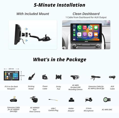 ATOTO P5 9 بوصة QLED ستيريو سيارة محمول، CarPlay لاسلكي وشاشة تلقائية Android مع كاميرا احتياطية 1080P وكاميرا داش، قمع الوهج، جهاز التحكم عن بعد، بلوتوث، AUX/FM، شاشة Carplay للسيارة in Kuwait