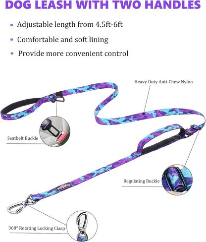Hotsky Heavy Duty Dog Leash with Two Padded Handles,4.5-6 FT Adjustable Nylon Seatbelt Dog Leash with Traffic Handle and Carabiner for Large Medium and Small Breed Dogs That Pull,Purple Camo in Saudi Arabia