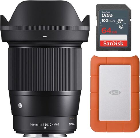 عدسة سيجما 16 مم F1.4 معاصرة DC DN لحزمة تركيب Fuji X مع محرك أقراص ثابت خارجي محمول USB 3.0 سعة 1 تيرابايت وبطاقة ذاكرة Ultra SDXC UHS-I سعة 64 جيجابايت (3 عناصر) in Saudi Arabia