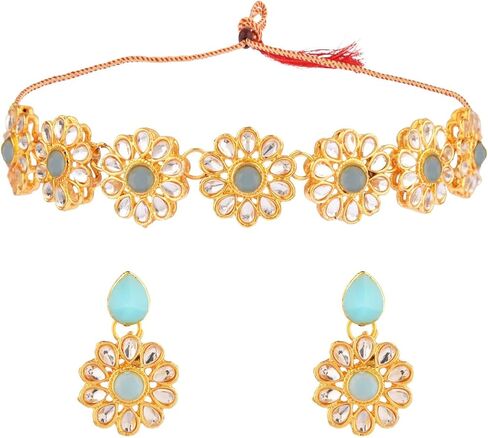 Efulgenz مجموعات المجوهرات الهندية للنساء مجوهرات بوليوود المجوهرات الهندية المختنق كوندان كريستال الزهور قلادة أقراط بوليوود مجموعة الزفاف الزفاف in Kuwait