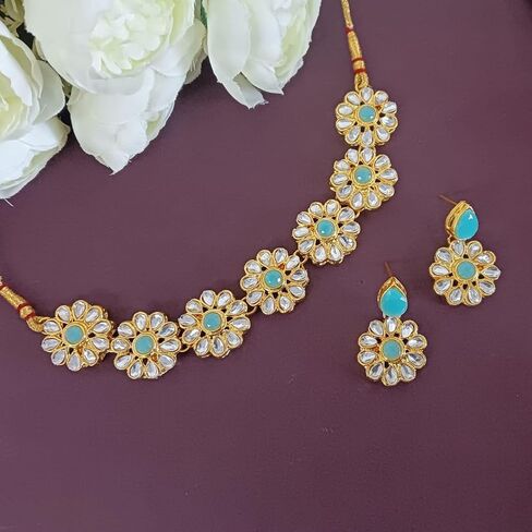 Efulgenz مجموعات المجوهرات الهندية للنساء مجوهرات بوليوود المجوهرات الهندية المختنق كوندان كريستال الزهور قلادة أقراط بوليوود مجموعة الزفاف الزفاف in Kuwait