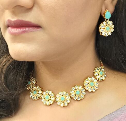 Efulgenz مجموعات المجوهرات الهندية للنساء مجوهرات بوليوود المجوهرات الهندية المختنق كوندان كريستال الزهور قلادة أقراط بوليوود مجموعة الزفاف الزفاف in Kuwait