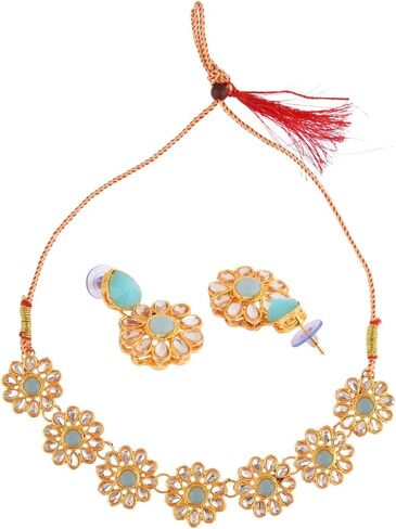 Efulgenz مجموعات المجوهرات الهندية للنساء مجوهرات بوليوود المجوهرات الهندية المختنق كوندان كريستال الزهور قلادة أقراط بوليوود مجموعة الزفاف الزفاف in Kuwait