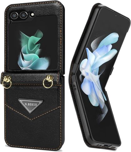 حافظة هاتف بمحفظة كروس لهاتف سامسونج جالاكسي Z Flip 6/ Galaxy Z Flip 5 مع حامل بطاقة، حافظة جلدية طويلة قابلة للإزالة مقاومة للصدمات لهاتف Samsung Galaxy Z Flip6. CT-أسود in Kuwait