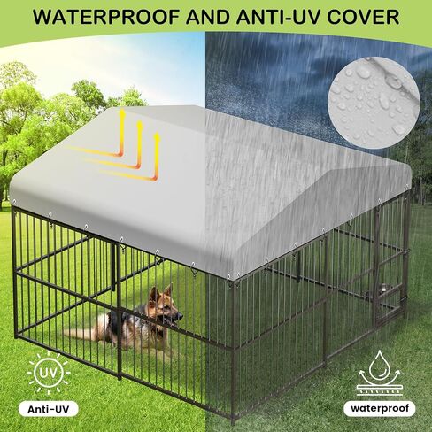 Large Outdoor Dog Kennel, Heavy Duty Dog Cage with Roof, Dog Kennel Galvanized Iron Dog House with Safety Locks,UV & Water Resistant Proof Cover, for Garden Backyard Black (10x10x6FT) in Kuwait